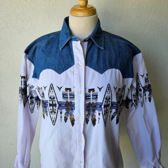 Adobe Rose VIntage 90s Western Two Tone White Blue Aztec Feather Button Shirt M - Picture 2 of 8